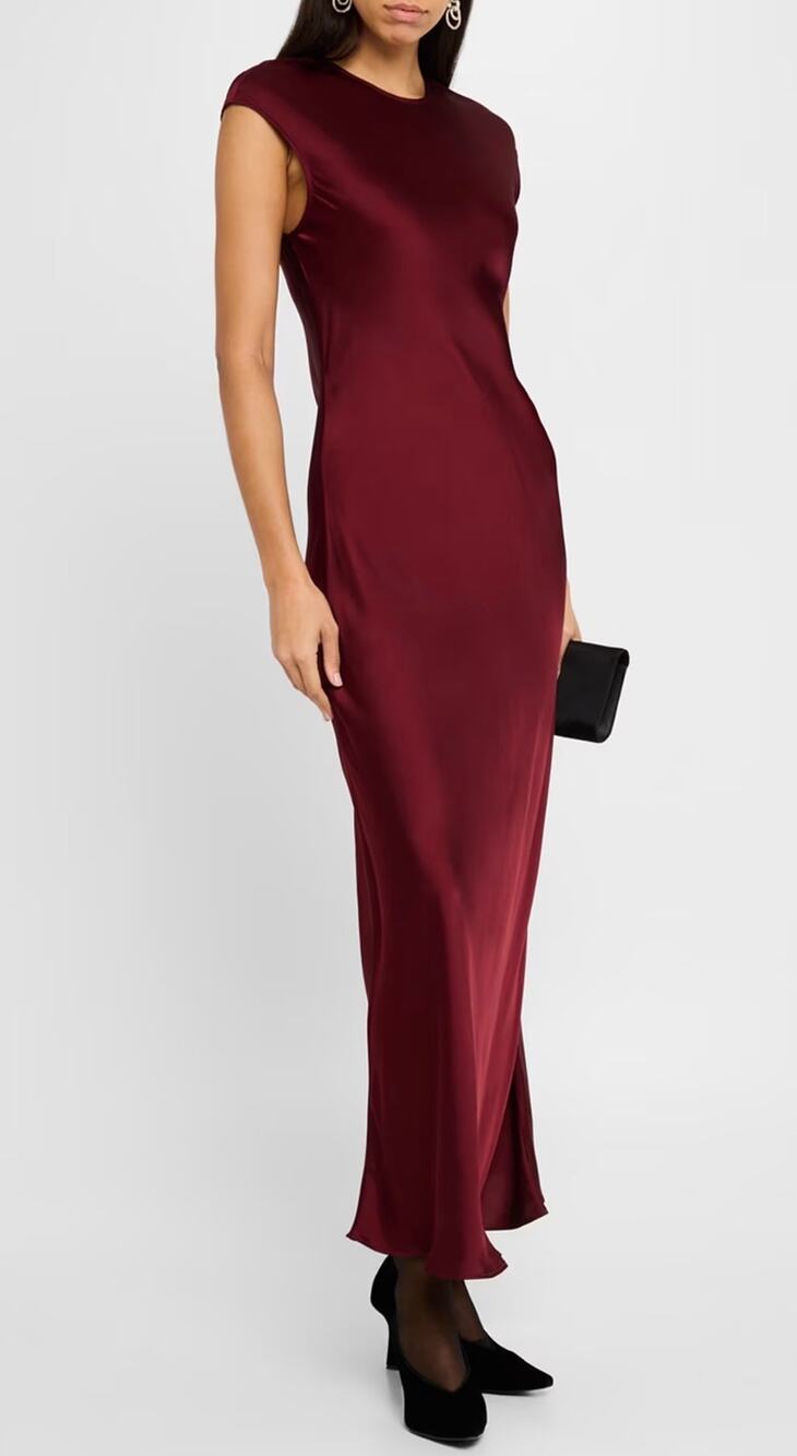 ARGENT Cap-Sleeve Bias Midi Dress in Italian Viscose Satin Burgundy Size XS